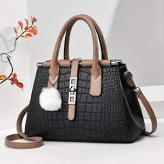 Crocodile Embossed Shoulder Bag with Pom Pom Decor
