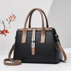 Crocodile Embossed Shoulder Bag with Pom Pom Decor