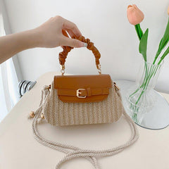 Ruched Top Handle Straw Bag Crossbody Purse