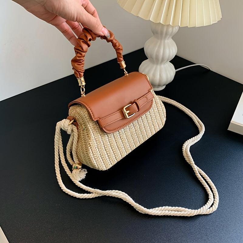 Ruched Top Handle Straw Bag Crossbody Purse