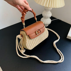 Ruched Top Handle Straw Bag Crossbody Purse