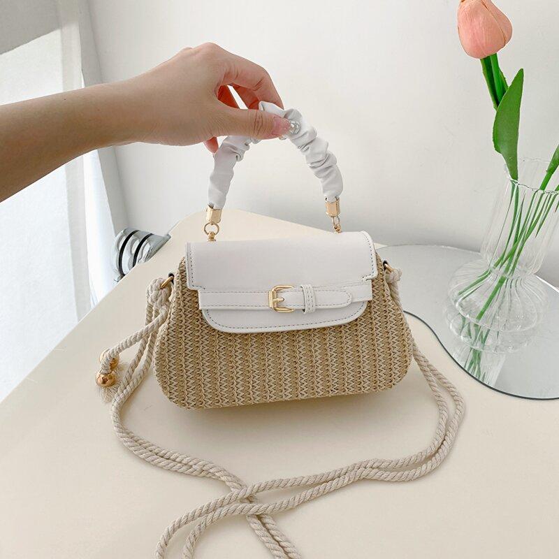 Ruched Top Handle Straw Bag Crossbody Purse