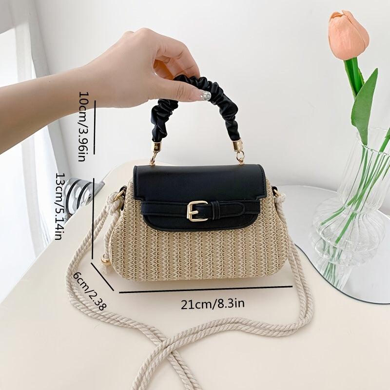 Ruched Top Handle Straw Bag Crossbody Purse