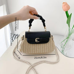 Ruched Top Handle Straw Bag Crossbody Purse