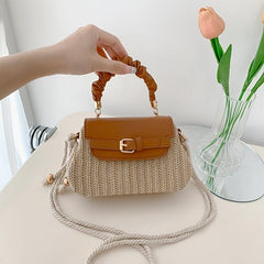 Ruched Top Handle Straw Bag Crossbody Purse