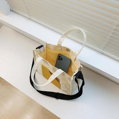 Casual Canvas Tote Bag Contrast Patch Handbag Purse Lightweight Crossbody