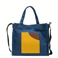 Casual Canvas Tote Bag Contrast Patch Handbag Purse Lightweight Crossbody