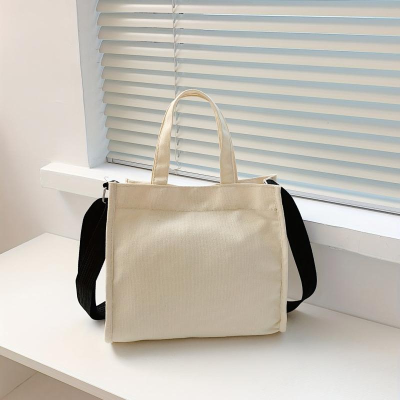 Casual Canvas Tote Bag Contrast Patch Handbag Purse Lightweight Crossbody