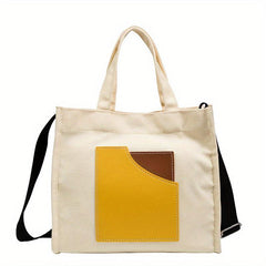Casual Canvas Tote Bag Contrast Patch Handbag Purse Lightweight Crossbody
