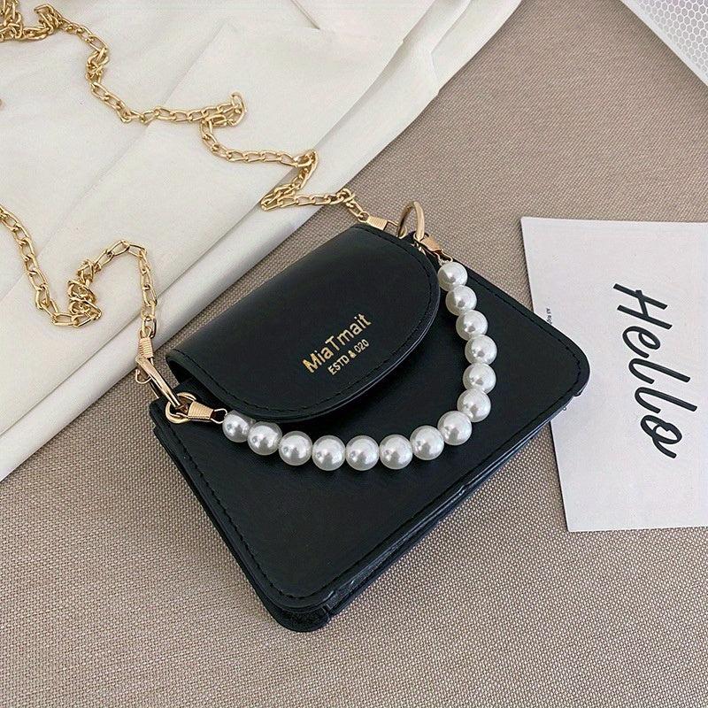 Mini Pearl Chain Crossbody Bag PU Leather Textured Bag Purse