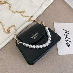 Mini Pearl Chain Crossbody Bag PU Leather Textured Bag Purse