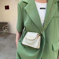 Mini Pearl Chain Crossbody Bag PU Leather Textured Bag Purse
