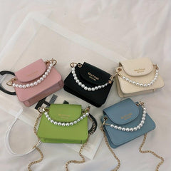 Mini Pearl Chain Crossbody Bag PU Leather Textured Bag Purse