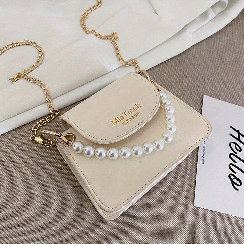 Mini Pearl Chain Crossbody Bag PU Leather Textured Bag Purse