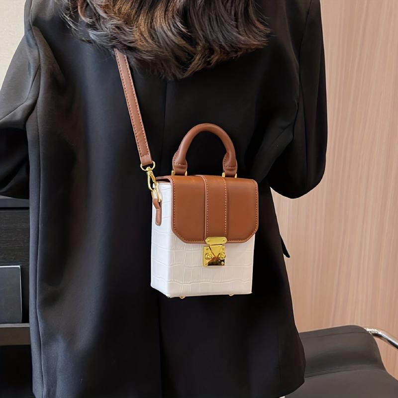 Crocodile Embossed Box Handbag Buckle Decor Crossbody Bag Mini Flap