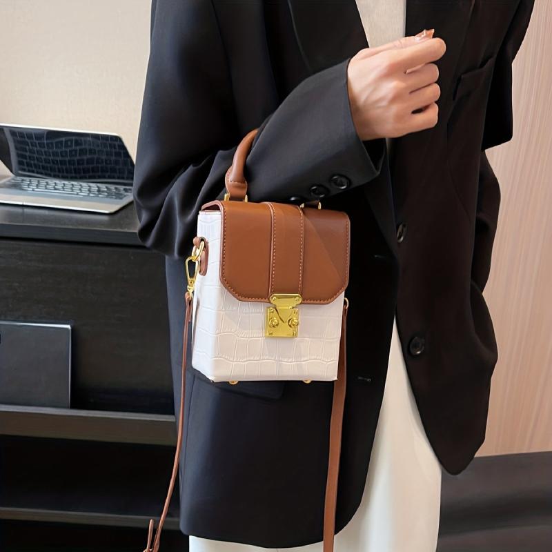 Crocodile Embossed Box Handbag Buckle Decor Crossbody Bag Mini Flap