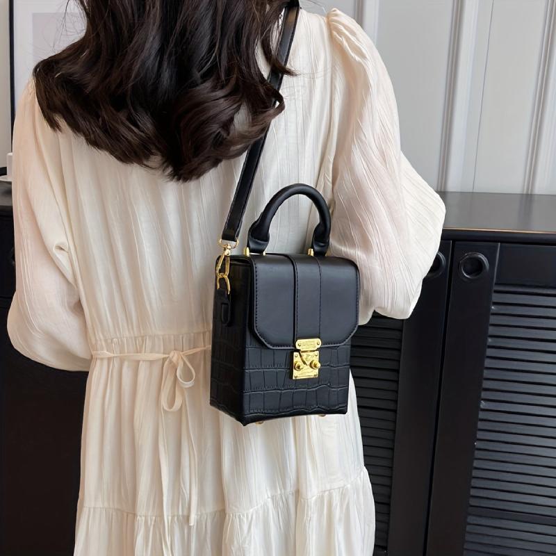 Crocodile Embossed Box Handbag Buckle Decor Crossbody Bag Mini Flap