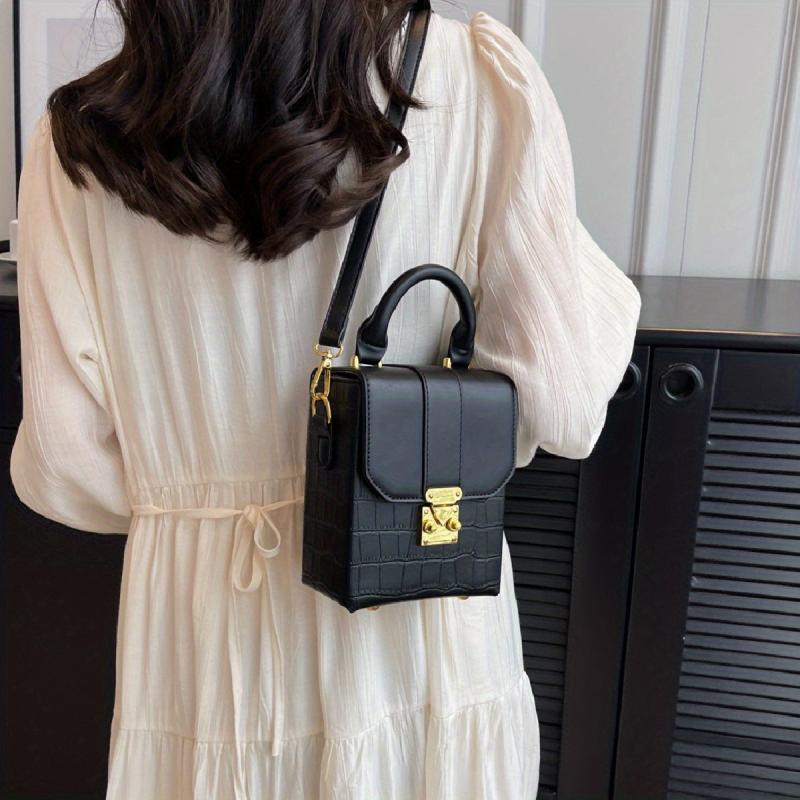 Crocodile Embossed Box Handbag Buckle Decor Crossbody Bag Mini Flap