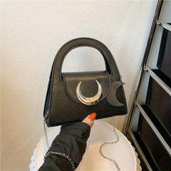 Metal Moon Decor Shoulder Bag Flap Crossbody Megnet PU Leather Solid