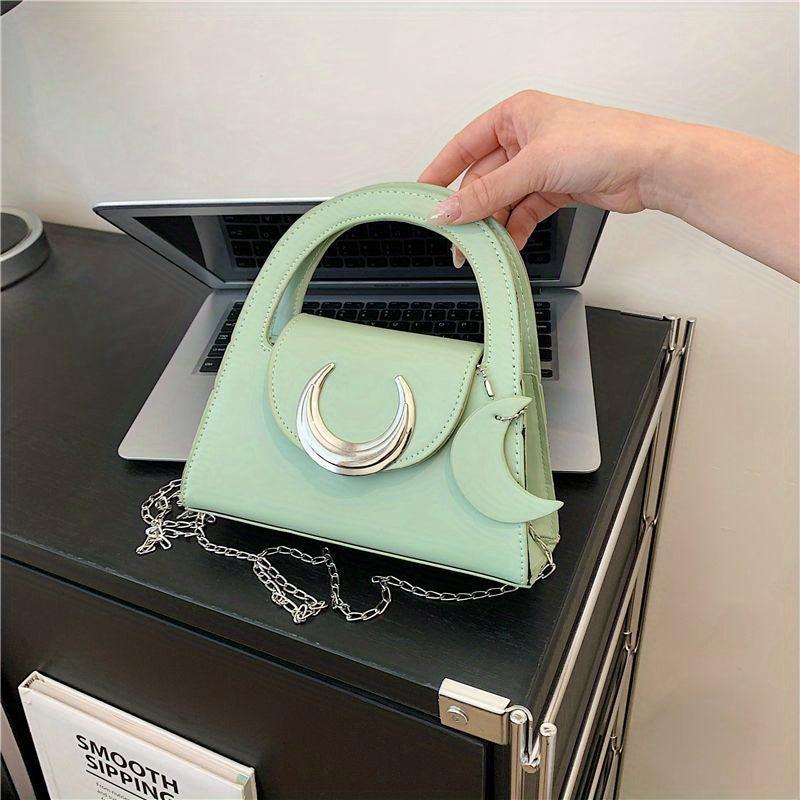 Metal Moon Decor Shoulder Bag Flap Crossbody Megnet PU Leather Solid