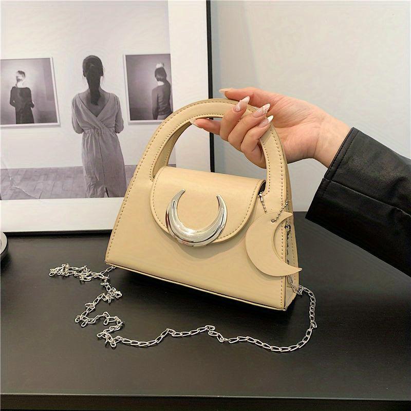Metal Moon Decor Shoulder Bag Flap Crossbody Megnet PU Leather Solid