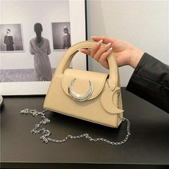 Metal Moon Decor Shoulder Bag Flap Crossbody Megnet PU Leather Solid