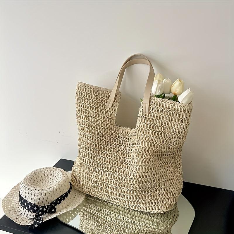 Boho Straw Woven Tote Bag for Summer Beach Travel