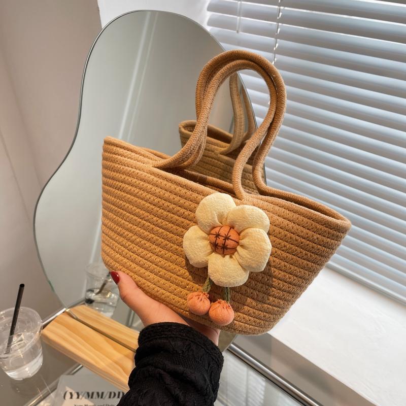Floral Braided Bucket Bag Beach Handbag
