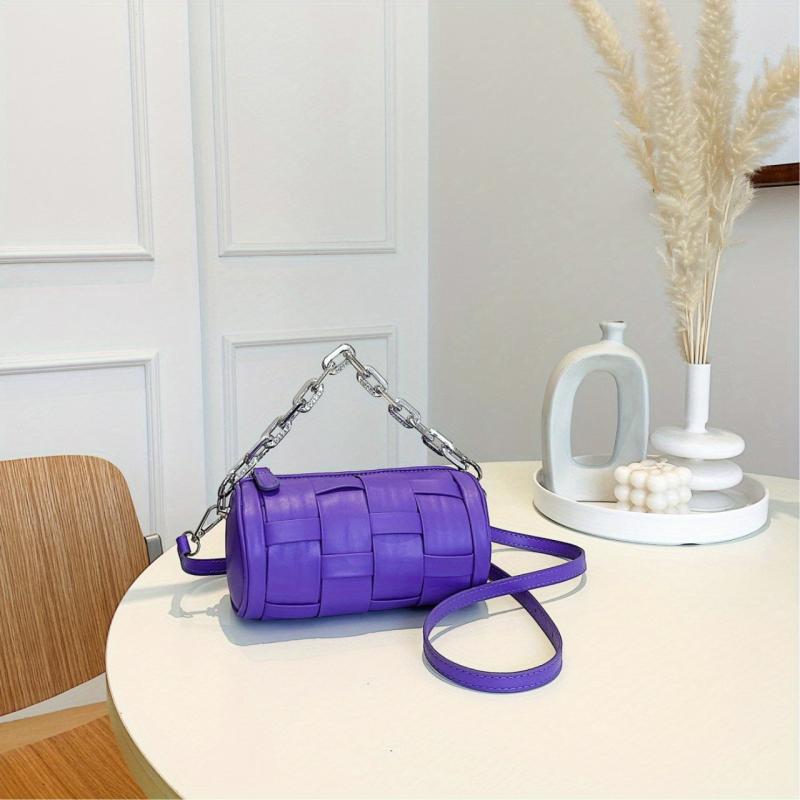Woven Metal Chain Cylinder Crossbody Bag PU Leather Barrel Bag