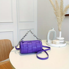 Woven Metal Chain Cylinder Crossbody Bag PU Leather Barrel Bag