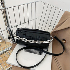 Woven Metal Chain Cylinder Crossbody Bag PU Leather Barrel Bag
