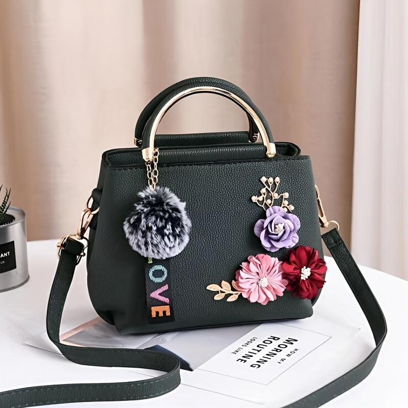 Flower Decor Crossbody Bag Top Handle Purse