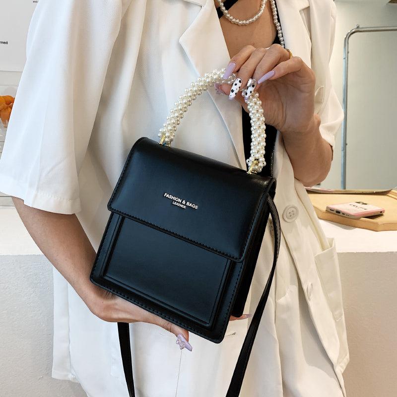 Faux Pearls Satchel Crossbody Bag with Flap Closure
