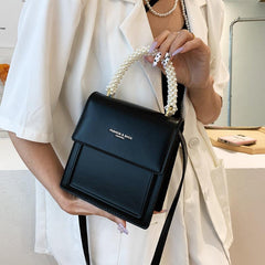 Faux Pearls Satchel Crossbody Bag with Flap Closure