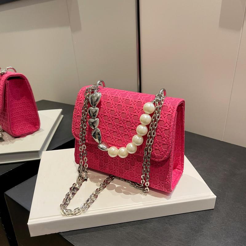 Mini Pearl Chain Square Crossbody Bag PU Leather Textured Bag