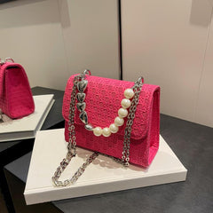 Mini Pearl Chain Square Crossbody Bag PU Leather Textured Bag