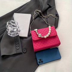 Mini Pearl Chain Square Crossbody Bag PU Leather Textured Bag