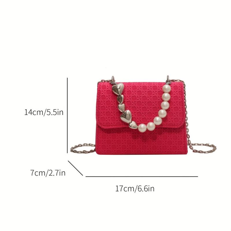 Mini Pearl Chain Square Crossbody Bag PU Leather Textured Bag