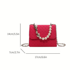 Mini Pearl Chain Square Crossbody Bag PU Leather Textured Bag