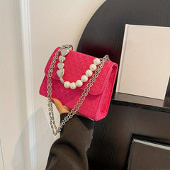 Mini Pearl Chain Square Crossbody Bag PU Leather Textured Bag