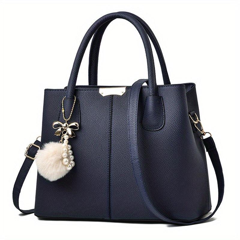 Minimalist Tote Satchel Shoulder Bag with Pom & Pearl Pendant