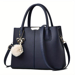Minimalist Tote Satchel Shoulder Bag with Pom & Pearl Pendant