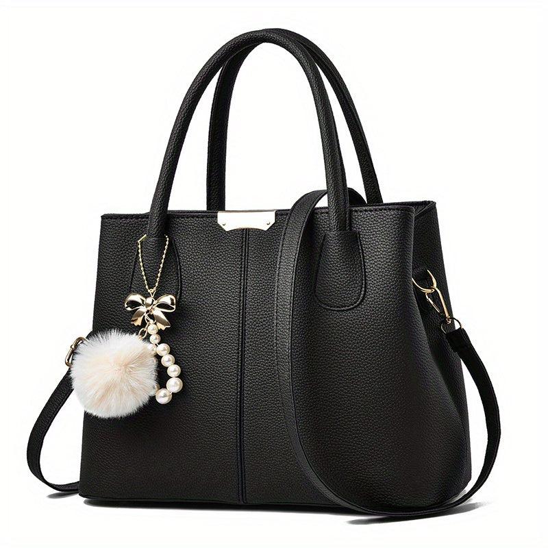 Minimalist Tote Satchel Shoulder Bag with Pom & Pearl Pendant