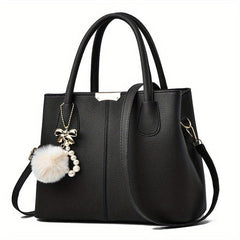 Minimalist Tote Satchel Shoulder Bag with Pom & Pearl Pendant