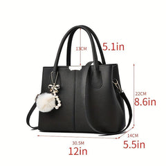 Minimalist Tote Satchel Shoulder Bag with Pom & Pearl Pendant