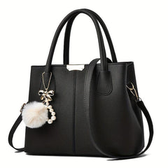 Minimalist Tote Satchel Shoulder Bag with Pom & Pearl Pendant