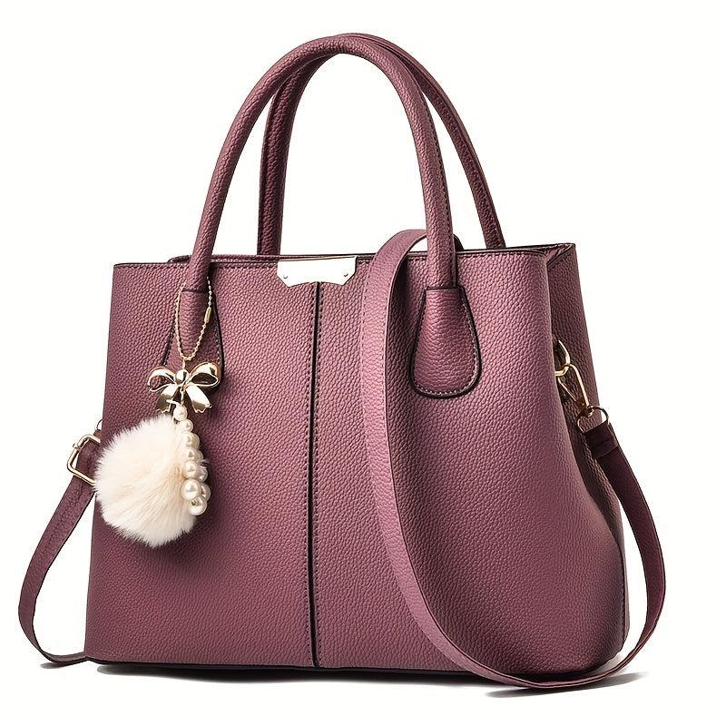 Minimalist Tote Satchel Shoulder Bag with Pom & Pearl Pendant