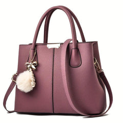 Minimalist Tote Satchel Shoulder Bag with Pom & Pearl Pendant