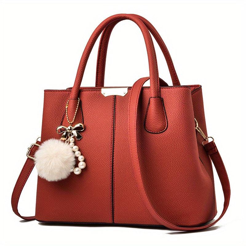 Minimalist Tote Satchel Shoulder Bag with Pom & Pearl Pendant
