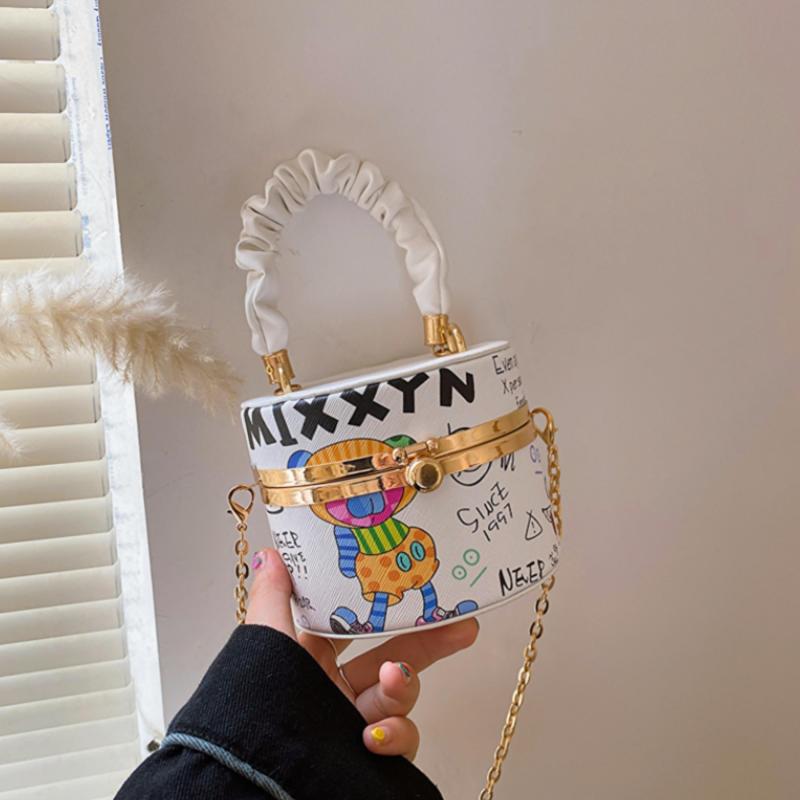 Metal Chain Crossbody Bucket Bag PU Leather Top Handle Cartoon Shoulder Bag